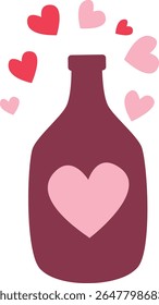 Ilustração 2D de uma garrafa de poção de amor com corações flutuando para fora. Conceito mágico e encantador para projetos românticos ou de Valentim.
