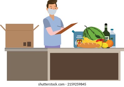 A 2D illustration of a man packing groceries while wearing a mask