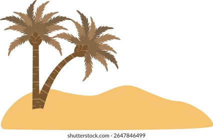 2D illustration of a palm tree with a sandy patch. A classic desert scene featuring tropical vegetation amidst sand dunes.