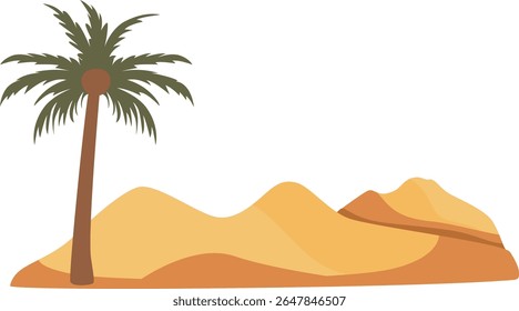 Ilustração 2D de uma palmeira cercada por arbustos do deserto. Representa um oásis no deserto com vegetação em paisagens secas