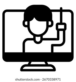 Ilustração 2D de uma pessoa em uma mesa usando um computador, adequado para imagens de tecnologia, negócios e marketing.
