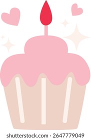 Ilustração 2D de cupcake rosa com decorações de vela e coração. Uma sobremesa romântica perfeita para ocasiões de amor.