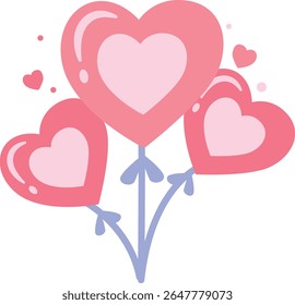 2D illustration of pink heart-shaped balloons tied together. Fun and cheerful design for Valentine’s Day or love-themed events.