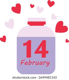 2d illustration of a pink label jar with “14 February” and hearts. Cute representation of Valentine’s Day gift or celebration date.