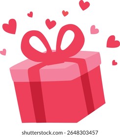 2d illustration of a pink Valentine gift box with hearts floating around. Great for love celebrations and surprise romantic gifts.