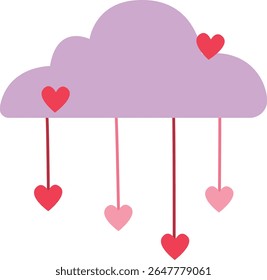  2D illustration of a purple cloud with hanging heart raindrops. Adorable and dreamy for romantic or whimsical designs.