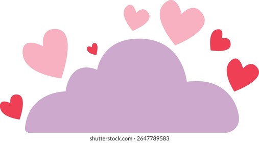 2D illustration of a purple cloud raining hearts. Symbolizes a dreamy, love-filled atmosphere for Valentine’s or romantic designs.
