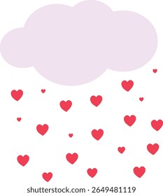 2d illustration of purple cloud raining red hearts. A romantic and playful concept for Valentine's Day and emotional design projects.