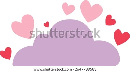 2D illustration of a purple cloud raining hearts. Symbolizes a dreamy, love-filled atmosphere for Valentine’s or romantic designs.