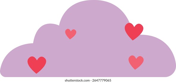 2D illustration of a purple cloud with red hearts floating upward. Perfect for dreamy, love-themed designs or Valentine decorations.