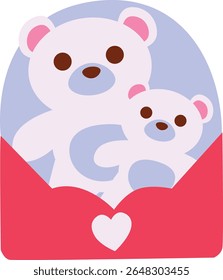 2d illustration of a red envelope with cute teddy bears inside. A charming Valentine concept for kids, gifts, or affectionate messages.
