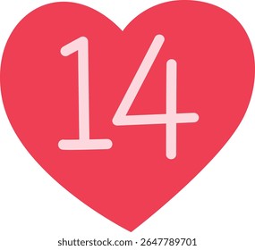2D illustration of a red heart with number 14. Clearly symbolizes Valentine’s Day for themed graphics and romantic events.