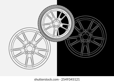 2d illustration of rims. Outline vector image set. Front view of wheels.