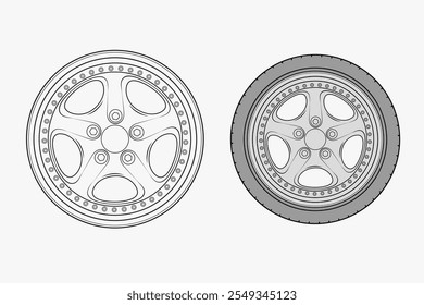 2d illustration of rims. Outline vector image set. Front view of wheels.