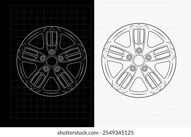 2d illustration of rims. Outline vector image set. Front view of wheels.