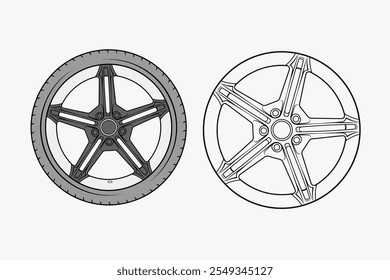 2d illustration of rims. Outline vector image set. Front view of wheels.