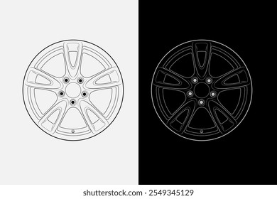 2d illustration of rims. Outline vector image set. Front view of wheels.