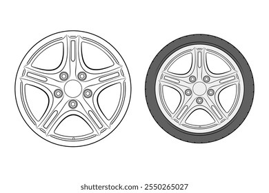 2d illustration of rims. Outline vector image set. Front view of wheels.