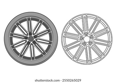 2d illustration of rims. Outline vector image set. Front view of wheels.