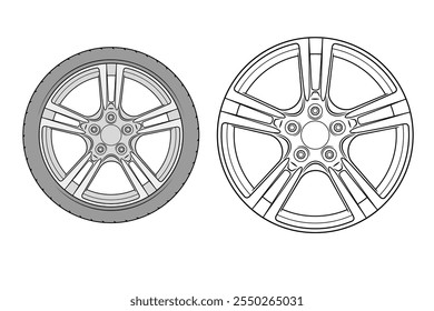 2d illustration of rims. Outline vector image set. Front view of wheels.