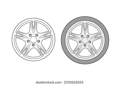 2d illustration of rims. Outline vector image set. Front view of wheels.