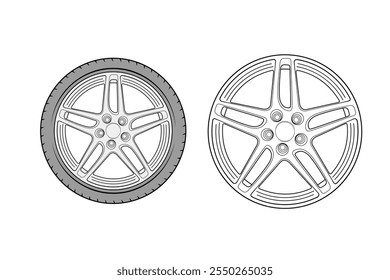 2d illustration of rims. Outline vector image set. Front view of wheels.