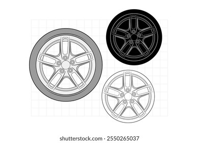 2d illustration of rims. Outline vector image set. Front view of wheels.