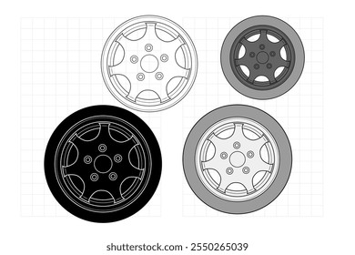 2d illustration of rims. Outline vector image set. Front view of wheels.