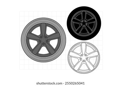 2d illustration of rims. Outline vector image set. Front view of wheels.