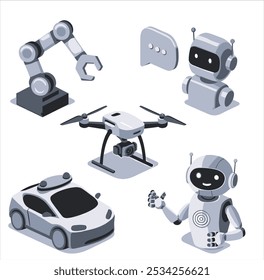 Uma ilustração 2D de um braço robô, um ícone chatbot com balão de fala, um ícone drone com uma câmera, um ícone de carro autônomo com luzes verdes e um ícone assistente de robô com um rosto sorridente.