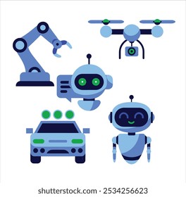 Uma ilustração 2D de um braço robô, um ícone chatbot com balão de fala, um ícone drone com uma câmera, um ícone de carro autônomo com luzes verdes e um ícone assistente de robô com um rosto sorridente.