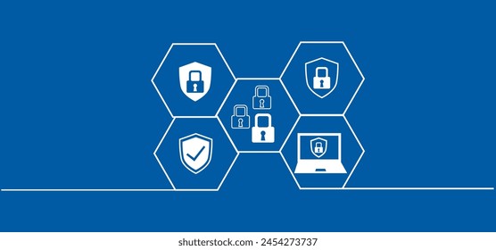 Ilustración 2D Concepto de seguridad: Candado cerrado con ordenador portátil sobre fondo digital