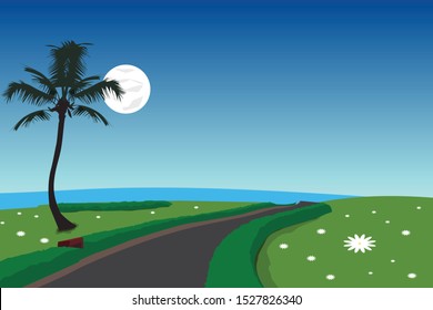 2d illustration scenery background with coconut tree sky and moon
