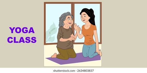 2D illustration A senior woman happily chatting with a young woman after yoga class