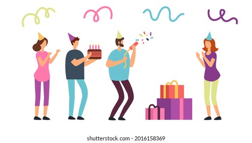 2d illustration. Sims congratulate another character. Young people with cake and confetti give gifts to the girl.