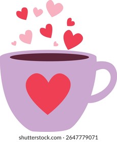 2D illustration of a steaming cup with rising heart shapes. Romantic, warm design for love, drinks, or celebration.