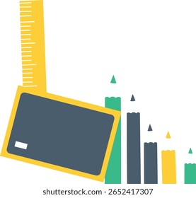 Ilustración 2D de tableta con Regla y lápices en estilo plano, perfecto para contenido educativo o temático de regreso a la escuela.