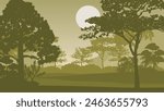 2d illustration. Trees in the fog. Deep forest haze. Hills covered by plants and foliage. Shrubs and bushes. Majestic view. Deep forest.