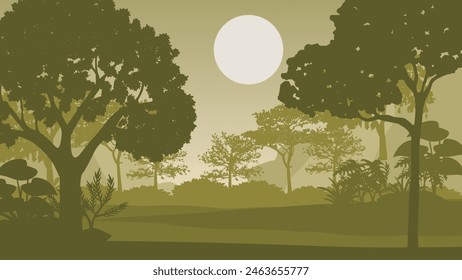 2d illustration. Trees in the fog. Deep forest haze. Hills covered by plants and foliage. Shrubs and bushes. Majestic view. Deep forest.