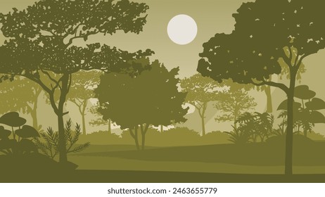 2d illustration. Trees in the fog. Deep forest haze. Hills covered by plants and foliage. Shrubs and bushes. Majestic view. Deep forest.