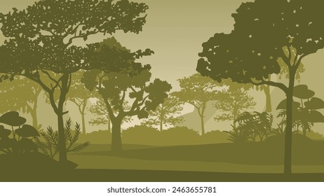 2d illustration. Trees in the fog. Deep forest haze. Hills covered by plants and foliage. Shrubs and bushes. Majestic view. Deep forest.