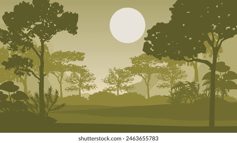 2d illustration. Trees in the fog. Deep forest haze. Hills covered by plants and foliage. Shrubs and bushes. Majestic view. Deep forest.