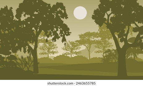 2d illustration. Trees in the fog. Deep forest haze. Hills covered by plants and foliage. Shrubs and bushes. Majestic view. Deep forest.