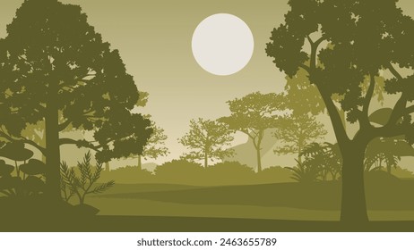 2d illustration. Trees in the fog. Deep forest haze. Hills covered by plants and foliage. Shrubs and bushes. Majestic view. Deep forest.