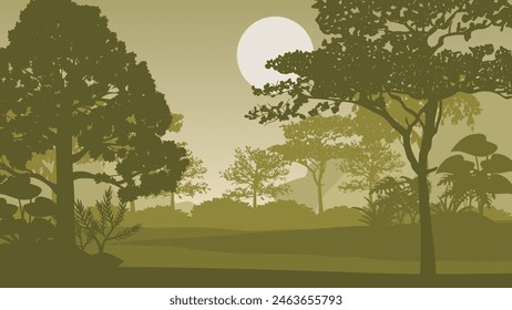 2d illustration. Trees in the fog. Deep forest haze. Hills covered by plants and foliage. Shrubs and bushes. Majestic view. Deep forest.