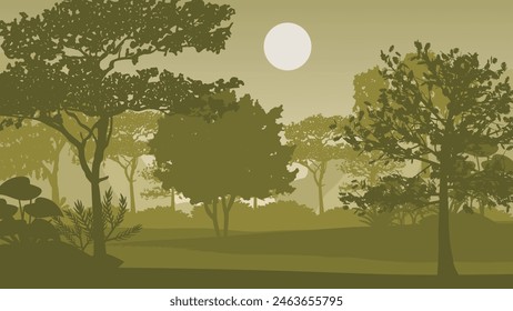 2d illustration. Trees in the fog. Deep forest haze. Hills covered by plants and foliage. Shrubs and bushes. Majestic view. Deep forest.