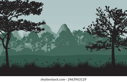 Ilustración 2d. Árboles en la niebla. Neblina del bosque profundo. Colinas cubiertas de plantas y follaje. Arbustos y arbustos. Vista majestuosa. Un lugar tranquilo.