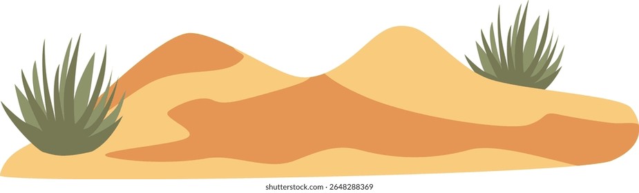 Ilustração 2D de duas colinas do deserto com pequenos arbustos. Ideal para paisagens secas, ambientes áridos e visuais com temas desérticos.