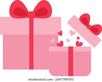 2D illustration of two pink gift boxes with red hearts and bows. Perfect for love-themed events or Valentine’s Day surprise.