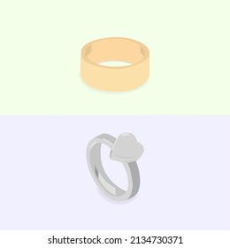 2D illustration of two rings. Silver with a heart-shaped decoration and classic gold.